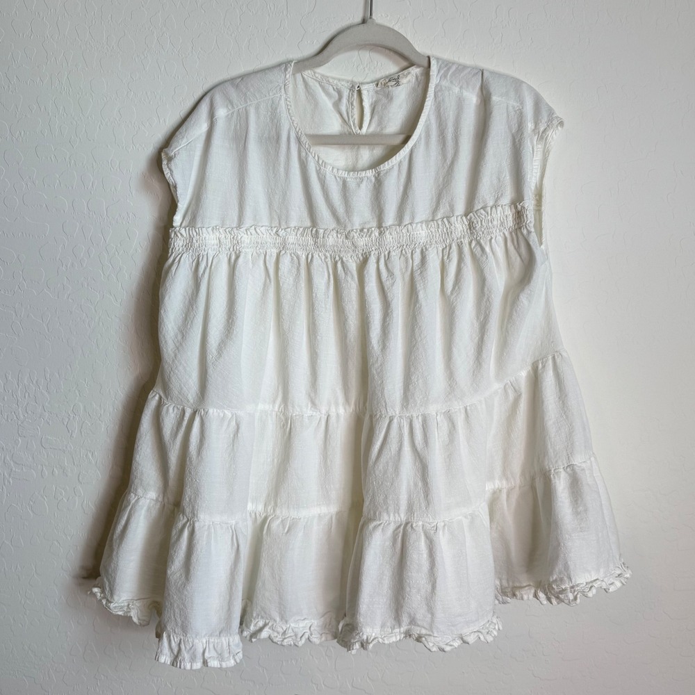 Easel Los Angeles White Cotton Tiered Babydoll Top Sleeveless Smocked Peplum M‎